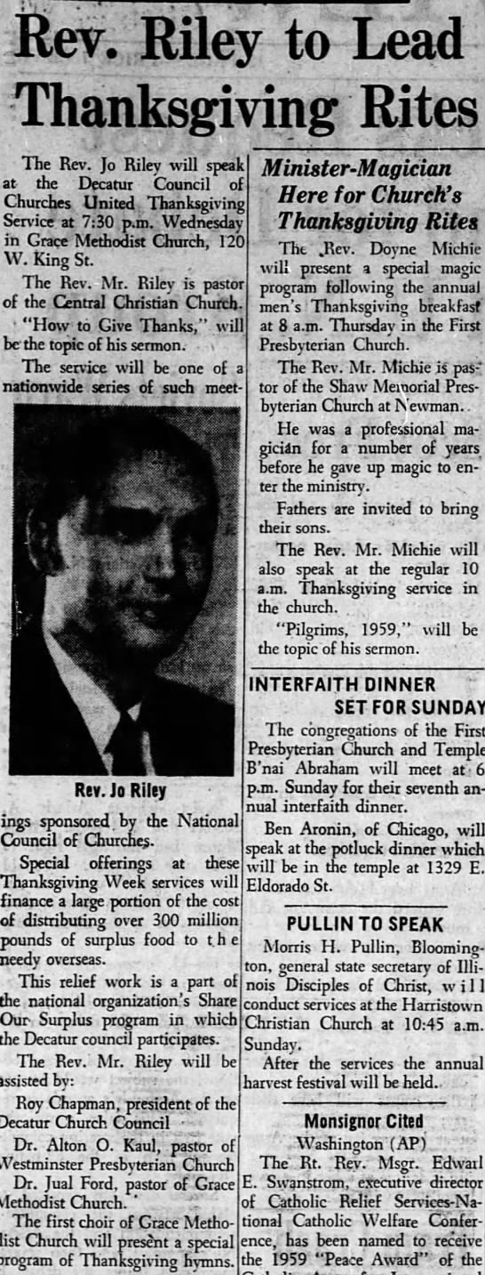 Rev. Riley to Lead Thanksgiving Rites